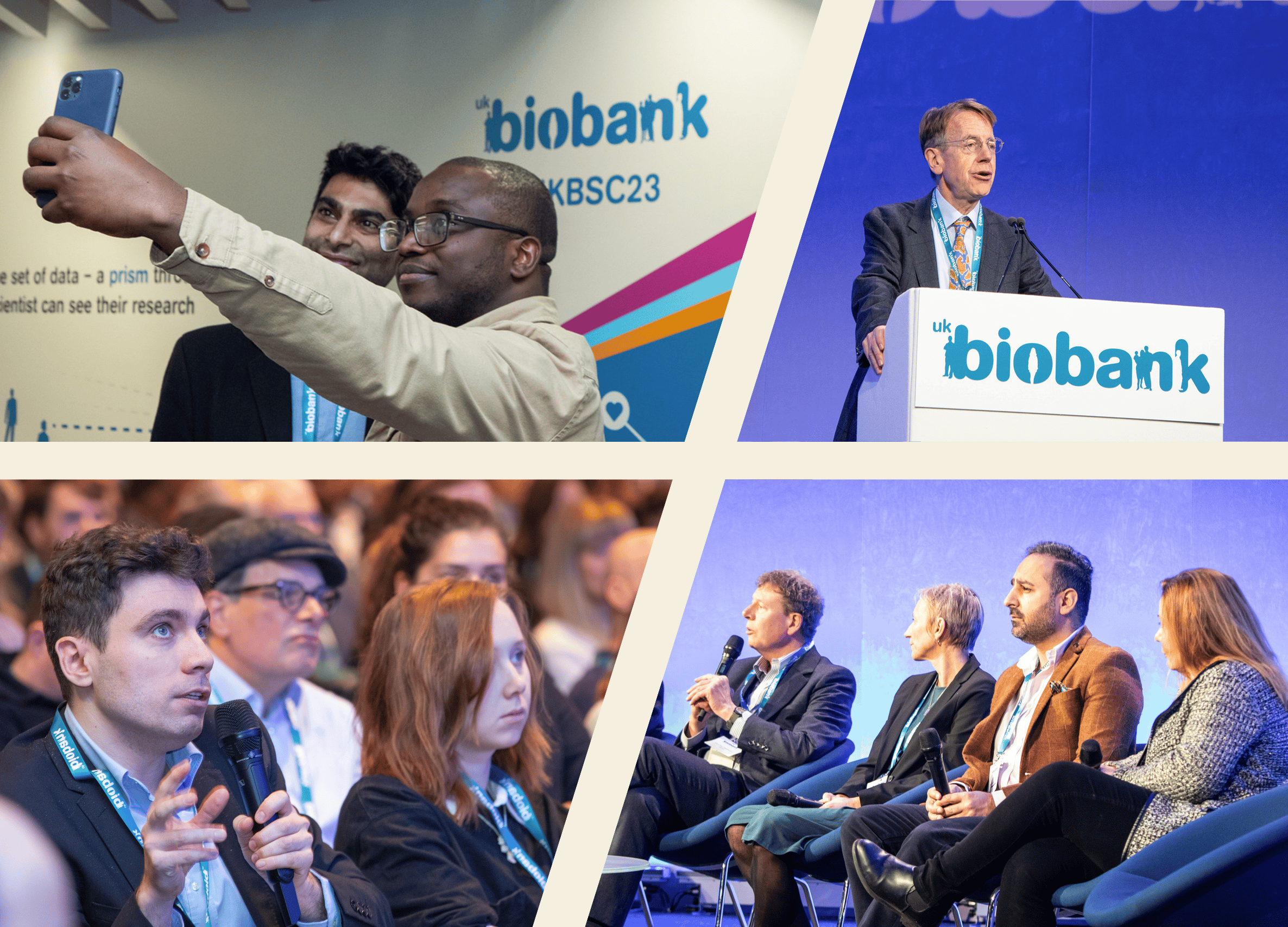 Four images from the Scientific Conference 2024 - two attendees taking a selfie together, a speaker at a podium, guests watching on and a panel discussion