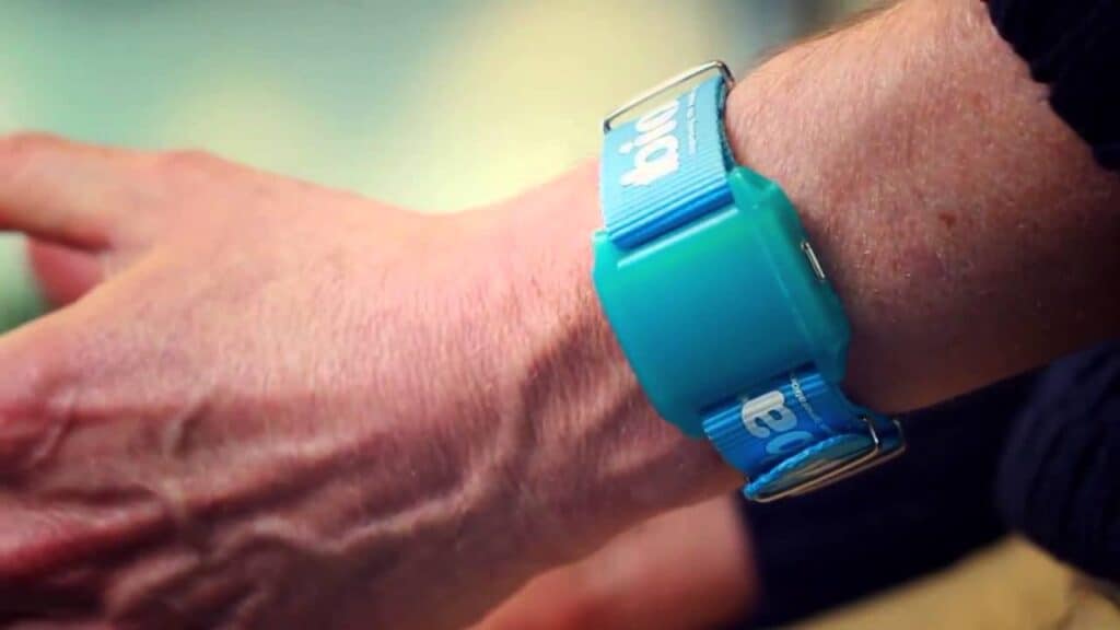 A close up of an activity monitor around someone's wrist