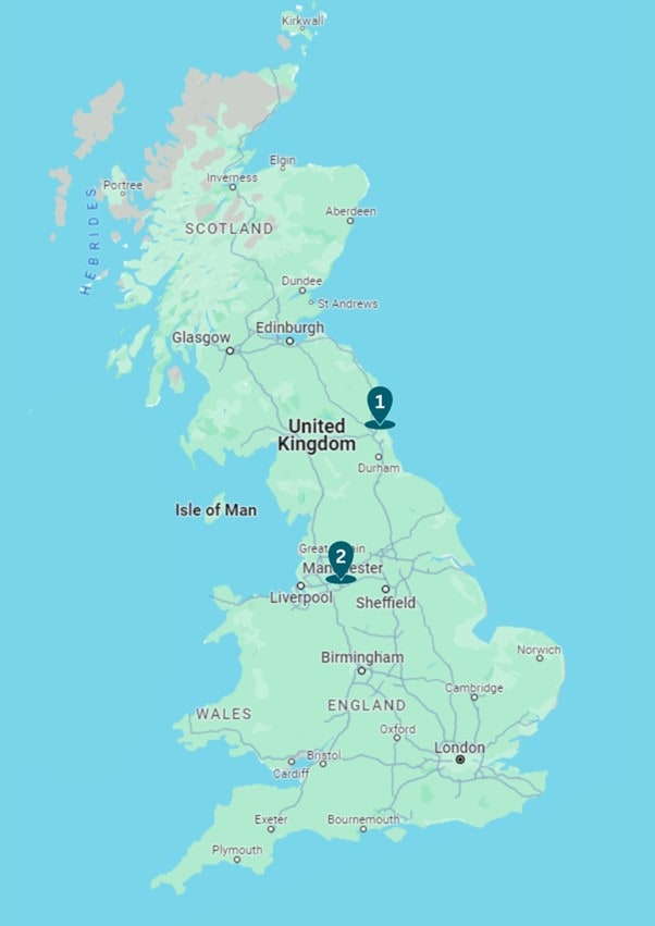 Map of the UK with Stockport and Newcastle highlighted