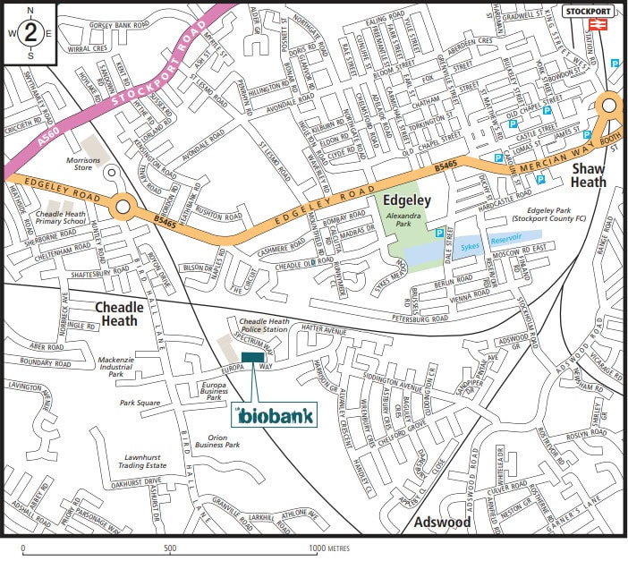 Visit https://www.ukbiobank.ac.uk/wp-content/uploads/2025/03/UK-Biobank-Stockport-assessment-centre-directions.pdf for written directions