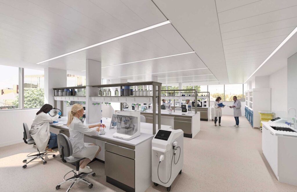 A CGI image of UK Biobank's lab at the new Greenheys building. Several lab technicians are working at different points in the photo, looking at clipboards, engaging with test tubes and opening freezers