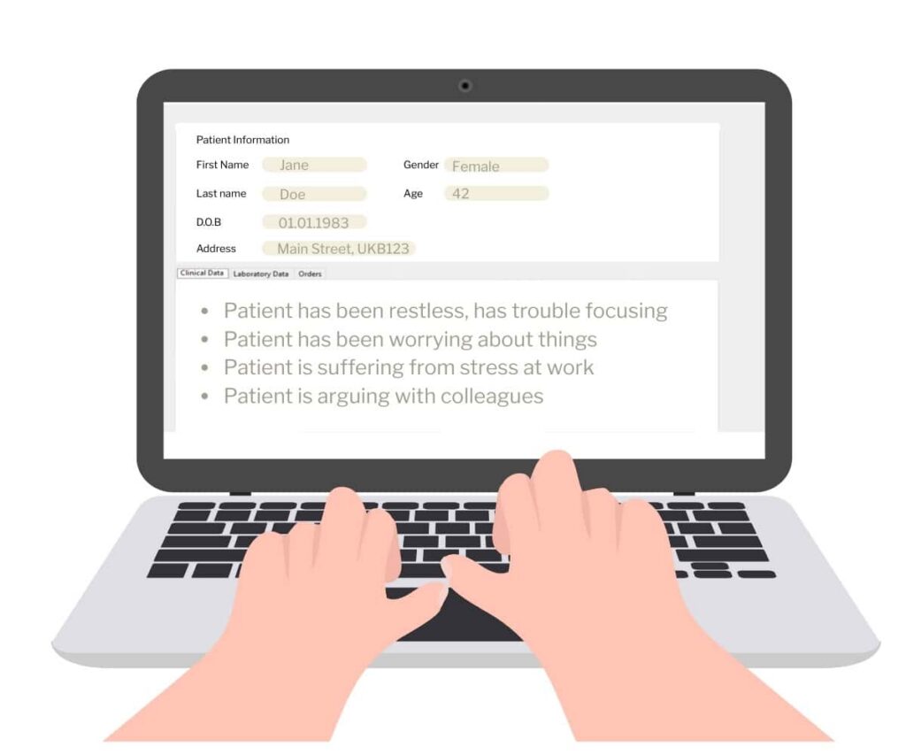 Cartoon: A GP fills in details on a computer screen of a patient's symptoms including a patient has been restless, has trouble focusing. Patient has been worrying about things. Patient is suffering from stress at work. Patient is arguing with colleagues.
