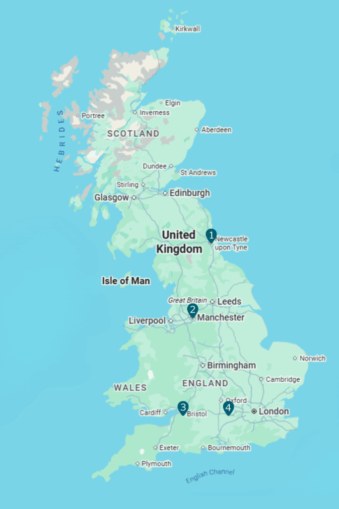 A map of the UK with UK Biobank imaging centre locations marked - 1 Newcastle, 2 Stockport, 3 Bristol, 4 Reading