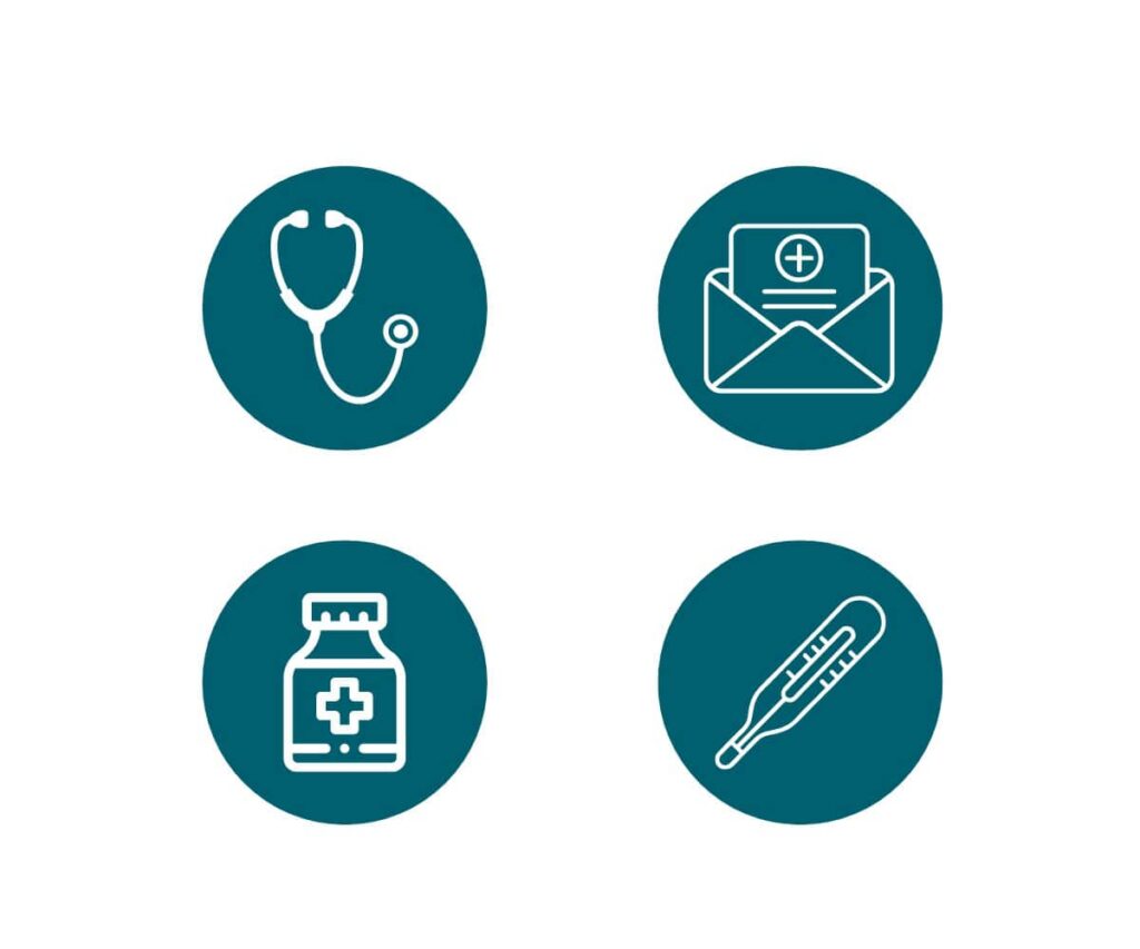 Icons showing a stethoscope, a medical letter, a prescription, and a thermometer