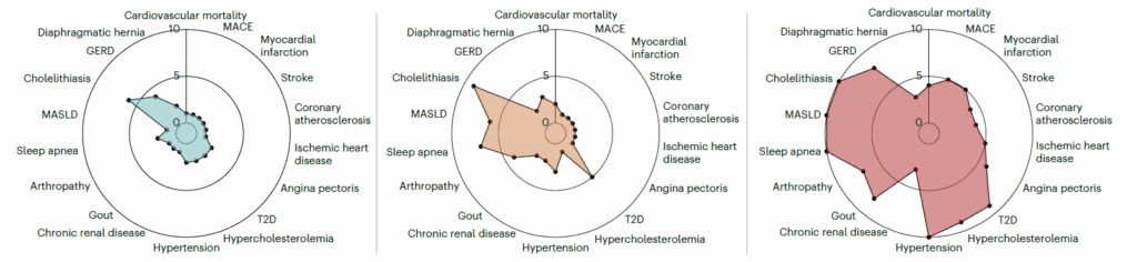 Three circular plots showing the risk of cardiovascular mortality, MACE, myocardial infarcation, stroke, coronary athreosclerosis, ischemic heart disease, angina pectoris, T2D, hypercholesterolemia, hypertension, chronic renal disease, gout, arthropathy, sleep apnoea, MASLD, cholelithiasis, GERD and diaphragmatic hernia. Each plot has a completely different shape: one shows little risk of any of the conditions, one suggest moderate risk for cholelithiasis and sleep apnoea, and the final one shows high risk for multiple conditions.