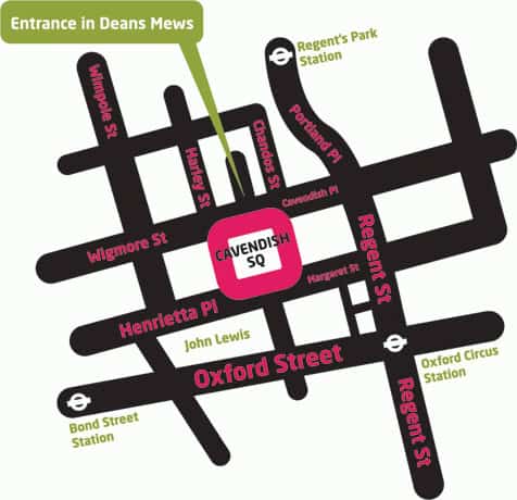 Map of Cavendish Square, image by the King's Fund. Cavendish Square is in the middle, surrounded by Wigmore Street to the north, Regent Street to the east, Henrietta Place to the souch and Wimpole Street to the west.